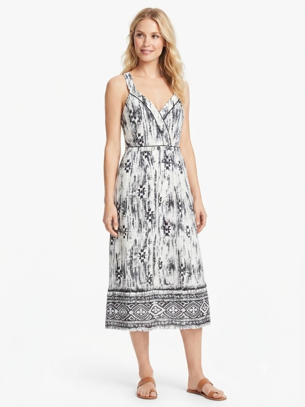Ann Taylor Black White Printed Linen Cotton Blend Crossback Midi Dress Size 12
